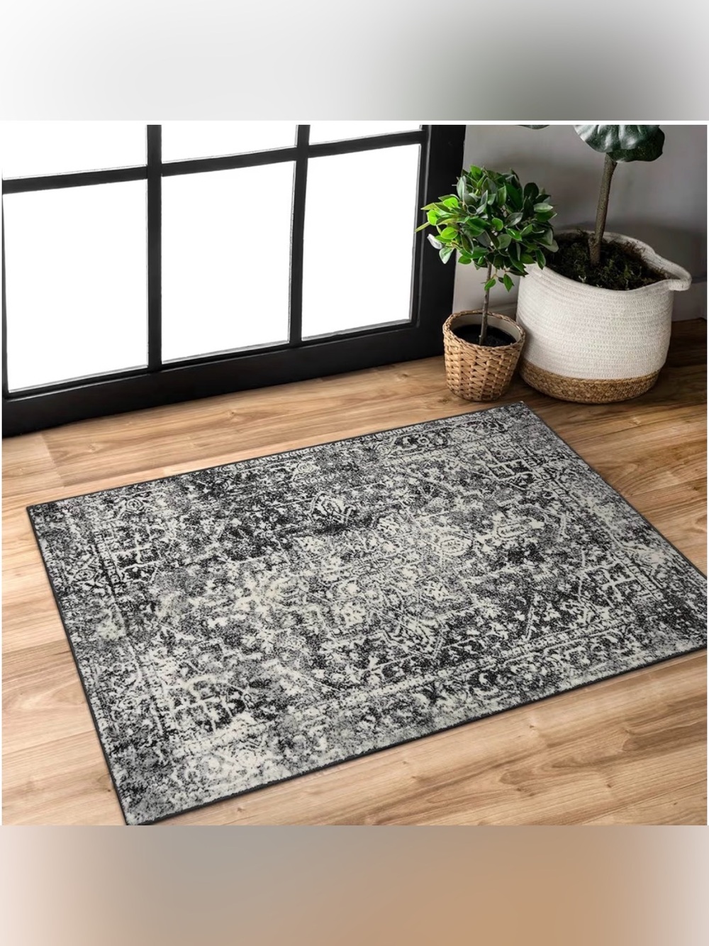 Gray Ivory Black Nonslip 2’ x 3’ Vintage Rug
